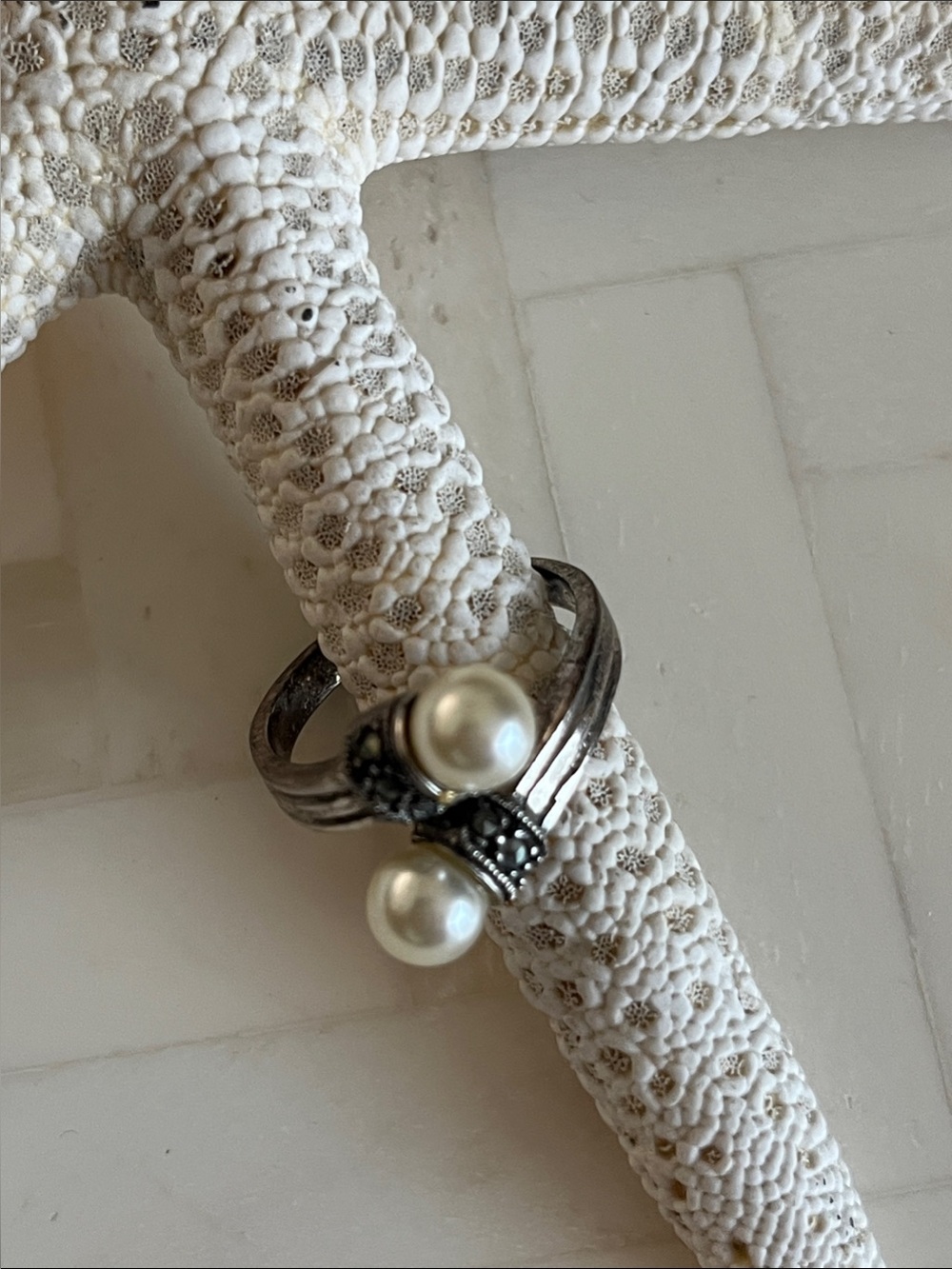 Pearl Two-Stone Sterling Silver Ring - White Pearls